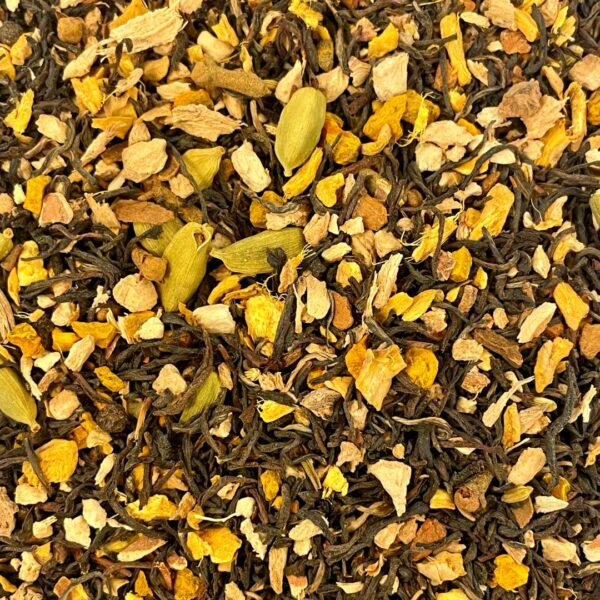 Kumaon, Let's Go! is a warm chai featuring turmeric and kumaon tea, with caffeine and a light body to compliment the rich, spicy flavors of the turmeric, chai, and a pinch of cayenne. This bold tea brews a great morning cup to focus the mind.