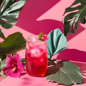 A vibrant pink iced tea made from Moody Teas’ Jaidrate blend, garnished with a hibiscus flower and mint leaf. This refreshing, tropical drink is crafted to boost your mood with bright, invigorating energy. The glass sits on a pink surface surrounded by lush tropical leaves, with bold sunlight casting playful shadows.