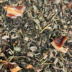 Rosemary Lemonade brews a mild green tea complemented by lemongrass, rosemary, and lemon, creating a stimulating and uplifting tea.