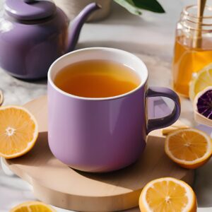 A calming cup of warm golden tea in a lavender mug, surrounded by fresh lemons, honey, and a matching teapot. This image represents Moody Teas’ Wellness mood — a soothing, restorative blend designed to support your well-being and help you feel your best.