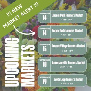 A graphic highlighting Moody Teas' upcoming market schedule for the week of September 14th to 19th. The background features vibrant flowers, and a green banner at the top left reads, "!!! NEW MARKET ALERT !!!" with an arrow pointing to the Horner Park Farmers Market listing. The schedule lists: September 14: Lincoln Park Farmers Market (7 AM - 1 PM) September 14: Horner Park Farmers Market (9 AM - 1 PM) September 15: Roscoe Village Farmers Market (9 AM - 1 PM) September 18: Andersonville Farmers Market (3 PM - 7 PM) September 19: South Loop Farmers Market (4 PM - 8 PM)