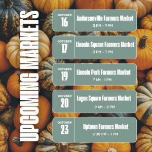 "Upcoming Markets graphic featuring pumpkins in the background. The schedule includes: October 16: Andersonville Farmers Market, 3 PM - 7 PM October 17: Lincoln Square Farmers Market, 3 PM - 7 PM October 19: Lincoln Park Farmers Market, 7 AM - 1 PM October 20: Logan Square Farmers Market, 9 AM - 3 PM October 23: Uptown Farmers Market, 2:30 PM - 7 PM. The text is displayed in green boxes, overlaid on an assortment of pumpkins and gourds in various shades of orange, green, and yellow."