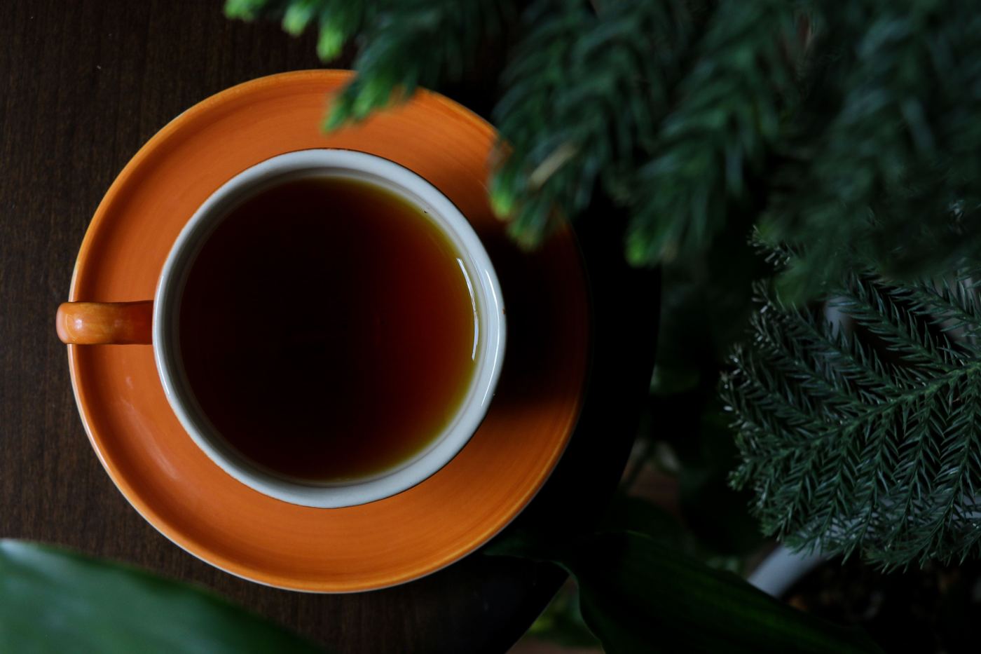 Cup of strong dark breakfast tea in an orange cup and saucer
