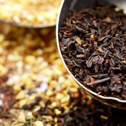 Close-up of loose whole-leaf black tea in the flowery orange pekoe (FOP) grade