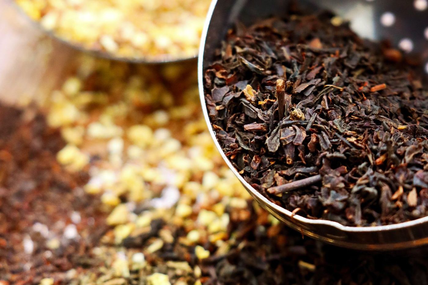 Close-up of loose whole-leaf black tea in the flowery orange pekoe (FOP) grade