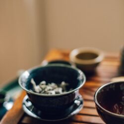 A lidded ceramic gaiwan filled with tea leaves next to a cup of brewed tea