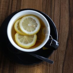 Cup of Lady Grey black tea with fresh lemon slices