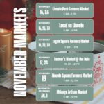 November Markets schedule for Moody Teas with festive background of holiday candles and a cozy mug. Key dates include Lincoln Park Farmers Market on Nov 16 & 23, Local on Lincoln on Nov 16, 23 & 30, Logan Square Farmers Market on Nov 16, 23 & 30, Farmer's Market at the Dole on Nov 17 & 24, Lincoln Square Farmers Market on Nov 19, and Chicago Artisan Market on Nov 30 & Dec 1. Each market listing includes hours for convenient shopping.