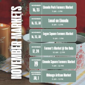 November Markets schedule for Moody Teas with festive background of holiday candles and a cozy mug. Key dates include Lincoln Park Farmers Market on Nov 16 & 23, Local on Lincoln on Nov 16, 23 & 30, Logan Square Farmers Market on Nov 16, 23 & 30, Farmer's Market at the Dole on Nov 17 & 24, Lincoln Square Farmers Market on Nov 19, and Chicago Artisan Market on Nov 30 & Dec 1. Each market listing includes hours for convenient shopping.