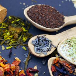 Several distinct loose leaf tea blends, from black to herbal, laid out on wooden spoons