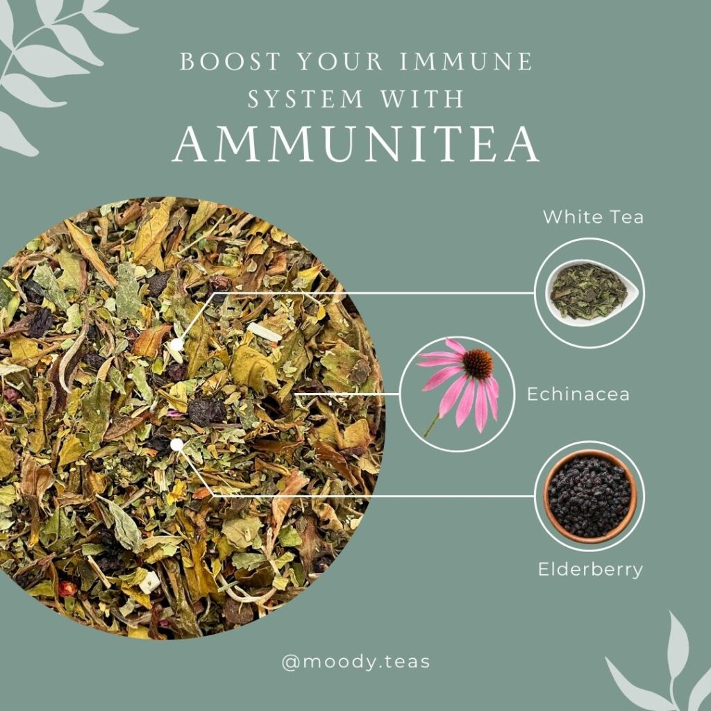 Close-up of Ammunitea, a tea blend featuring white tea leaves, echinacea petals, and elderberries, labeled for boosting the immune system.
