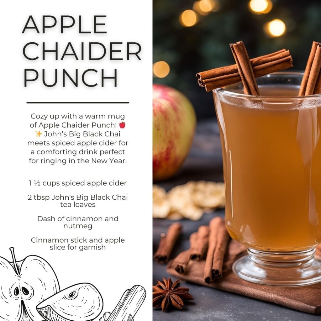 A warm glass of Apple Chaider Punch with spiced apple cider, garnished with a cinnamon stick and apple slice. Festive background with warm lighting and holiday decor.