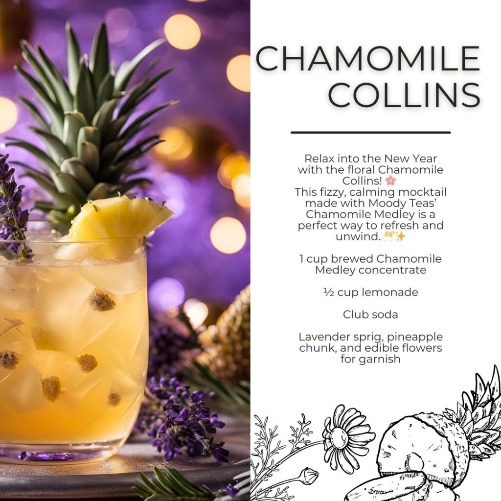 A refreshing Chamomile Collins mocktail with ice, a pineapple chunk, and a lavender sprig garnish, served in a tall glass. A cozy, purple-hued background with fairy lights and floral decor.