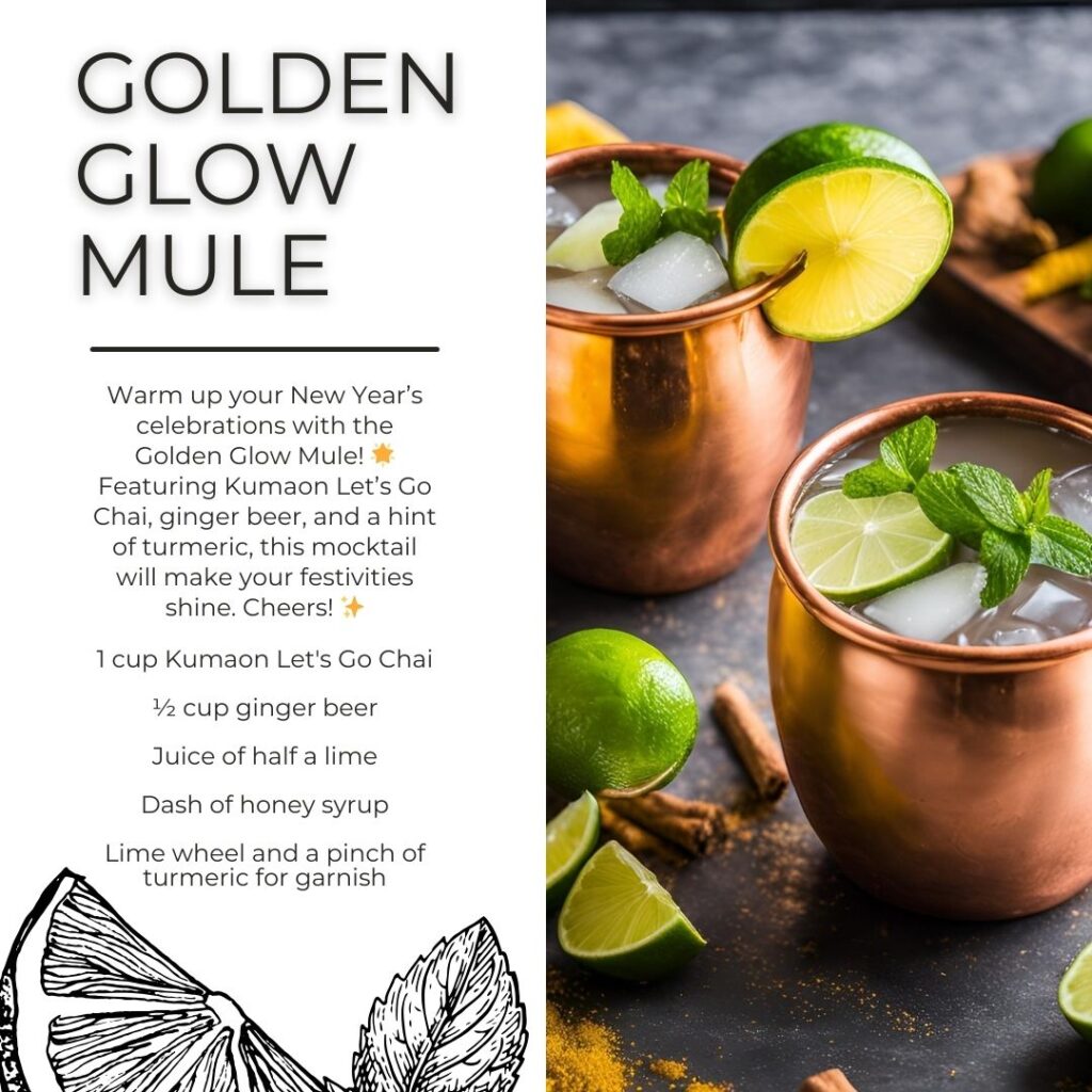 A rustic copper mug filled with the Golden Glow Mule mocktail, garnished with a lime wheel and fresh mint, surrounded by lime slices and cinnamon sticks on a dark wooden table.