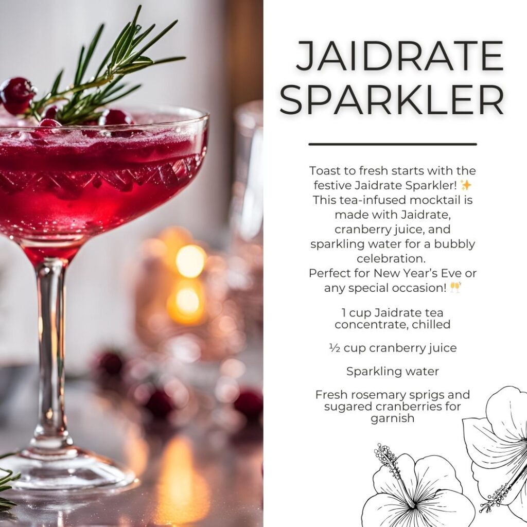 A vibrant Jaidrate Sparkler mocktail served in a vintage coupe glass, topped with rosemary and sugared cranberries, set against a festive holiday backdrop with soft glowing lights.