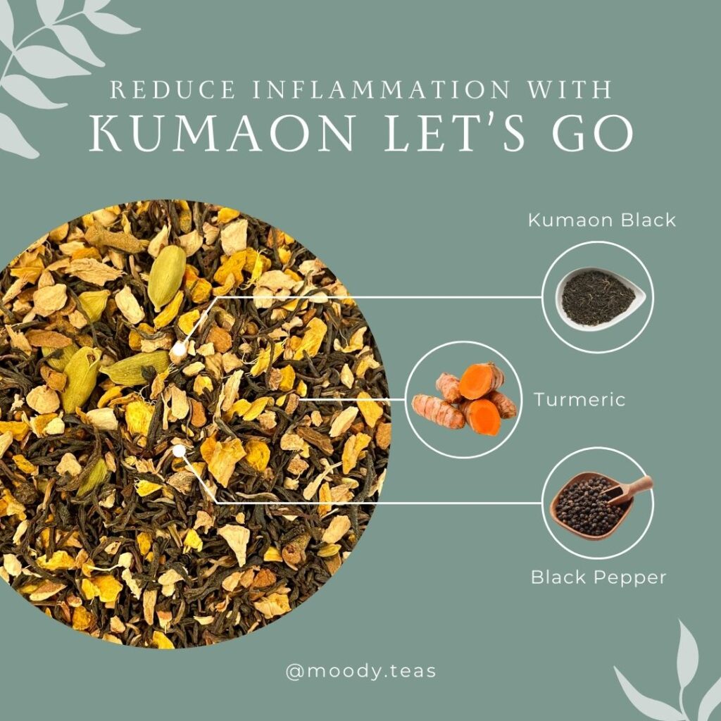 Loose chai tea blend featuring Kumaon black tea, turmeric, and black pepper, labeled to reduce inflammation.