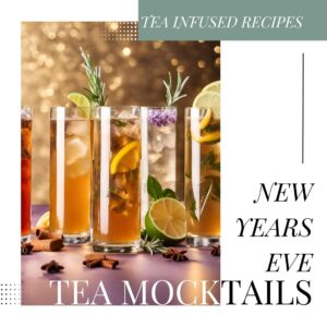 An assortment of tea mocktails served in elegant glasses, garnished with fresh herbs, lemon slices, and cinnamon sticks. A celebratory gold background evokes the spirit of New Year’s Eve.