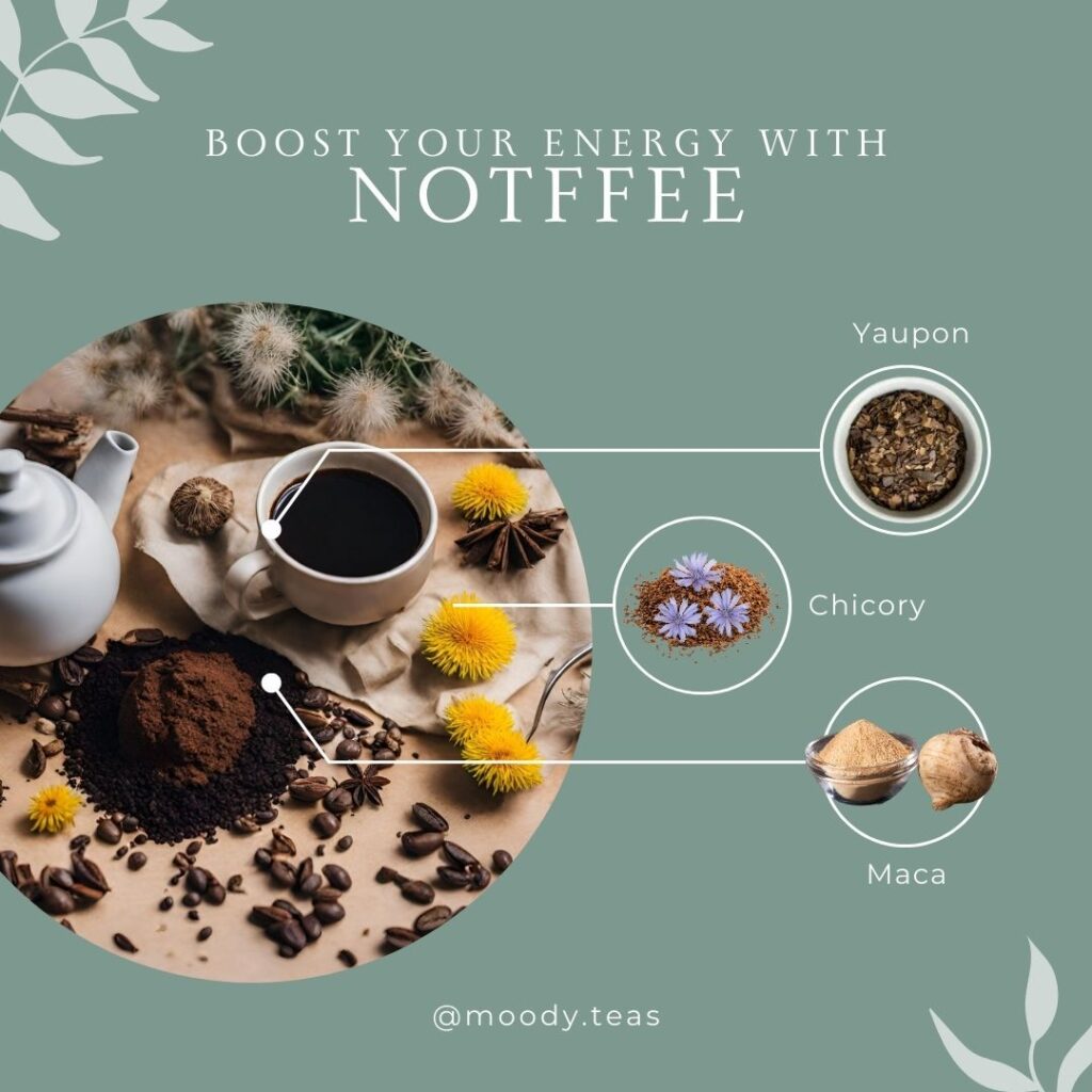 Rich dark loose tea blend with yaupon, chicory, and maca, resembling coffee, labeled for boosting energy.