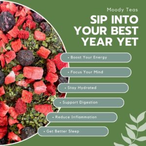 Bright and vibrant tea blend featuring dried strawberries, blueberries, and green tea leaves on the left. On the right, bold text reads 'Sip Into Your Best Year Yet,' with a list of benefits: Boost Your Energy, Focus Your Mind, Stay Hydrated, Support Digestion, Reduce Inflammation, and Get Better Sleep.