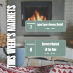 A promotional graphic for Moody Teas highlighting this weekend’s markets. The background features a cozy fireplace with a roaring fire, an open book, a blue mug of tea, and a red-and-white knit blanket. The text reads: "This Week’s Markets." Event details are listed as: "December 7: Logan Square Farmers Market, 9 AM – 1 PM" and "December 8: Farmers Market at the Dole, 10 AM – 2 PM."