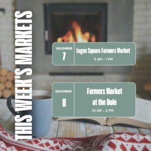 A promotional graphic for Moody Teas highlighting this weekend’s markets. The background features a cozy fireplace with a roaring fire, an open book, a blue mug of tea, and a red-and-white knit blanket. The text reads: "This Week’s Markets." Event details are listed as: "December 7: Logan Square Farmers Market, 9 AM – 1 PM" and "December 8: Farmers Market at the Dole, 10 AM – 2 PM."