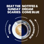 A graphic featuring two cups, one with a creamy, coffee-like Notffee tea and the other with a deep blue Dream Come Blue tea. The text reads "Beat the Sunday Scaries" with "Notffee" and "Dream Come Blue" emphasized, showing how these two blends can help alleviate stress.