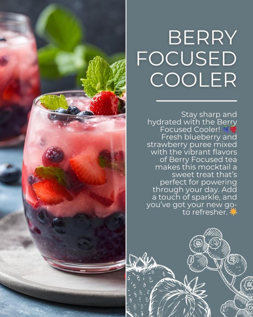 A refreshing pinkish-red mocktail served in a glass, garnished with fresh blueberries, strawberries, and mint leaves, capturing a burst of berry freshness.