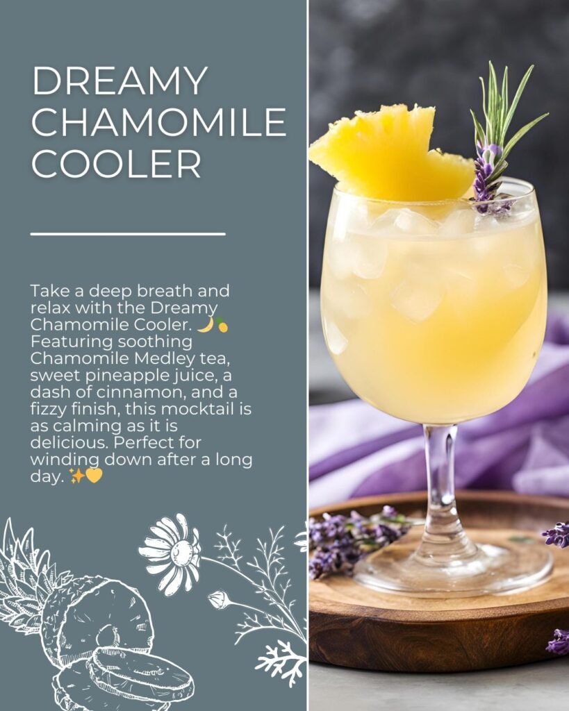 A light yellow mocktail served over ice in a rounded glass, garnished with a pineapple wedge and lavender sprigs, exuding calming and tropical vibes.