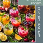 A colorful assortment of tea-infused mocktails in various glasses, featuring fresh fruit garnishes like orange slices, berries, and mint, highlighting the creativity of Dry January drinks.