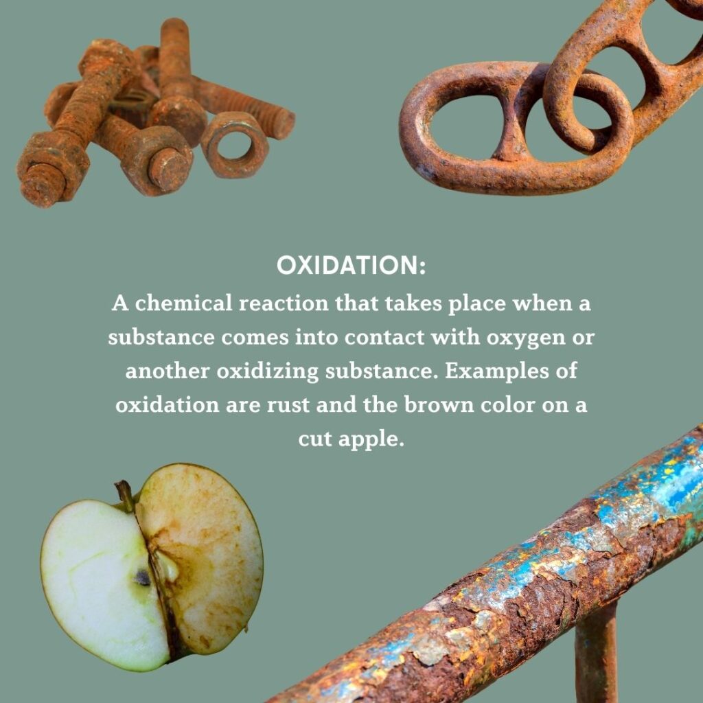 An image depicting oxidation through everyday examples. Includes rusted bolts, a rusted chain, a cut apple browning on the inside, and a rusty pipe. Text in the center explains oxidation as a chemical reaction involving oxygen, with examples like rust and browning on a cut apple.