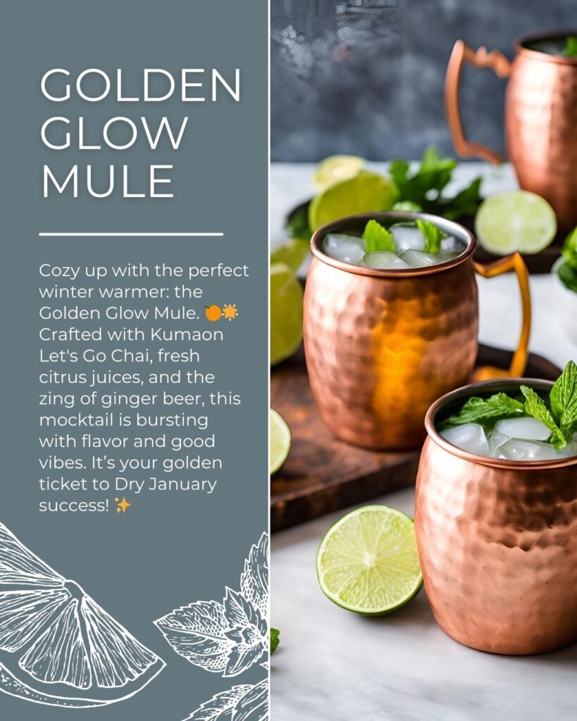 A golden-hued mocktail served in a copper mug, garnished with fresh mint and lime wedges, offering a cozy yet zesty look for winter evenings.