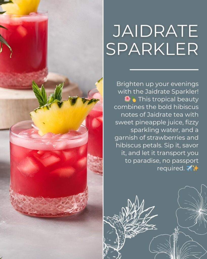 A deep pink-red mocktail served in a crystal glass, garnished with a pineapple wedge and hibiscus petals, evoking tropical elegance and cheer.