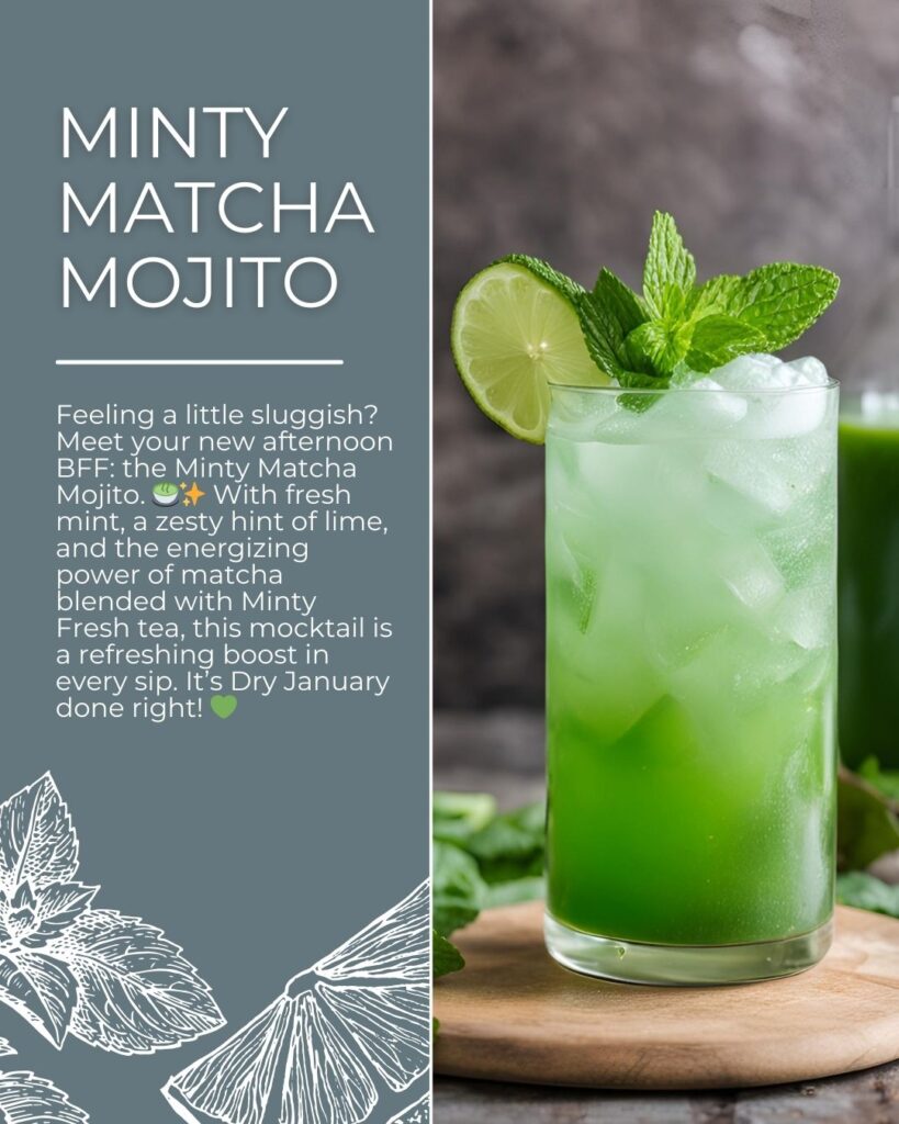 A bright green mocktail served in a tall glass, with fresh mint leaves and a lime wheel garnish, showcasing a refreshing and energizing drink.