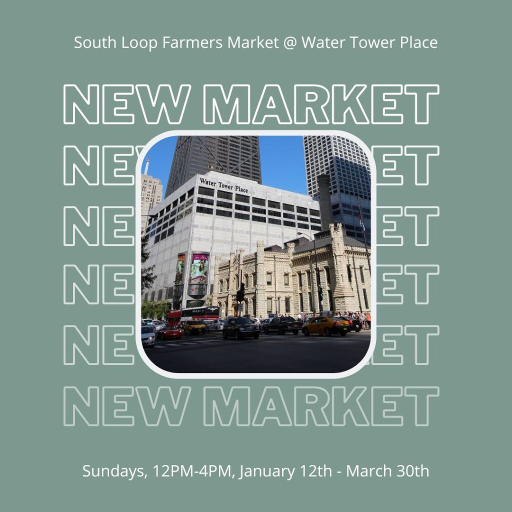 Announcement graphic for the South Loop Farmers Market at Water Tower Place. Text reads: "South Loop Farmers Market @ Water Tower Place. New Market. Sundays, 12 PM - 4 PM, January 12th - March 30th." The background shows a photo of Water Tower Place on the Magnificent Mile with surrounding buildings and street activity.