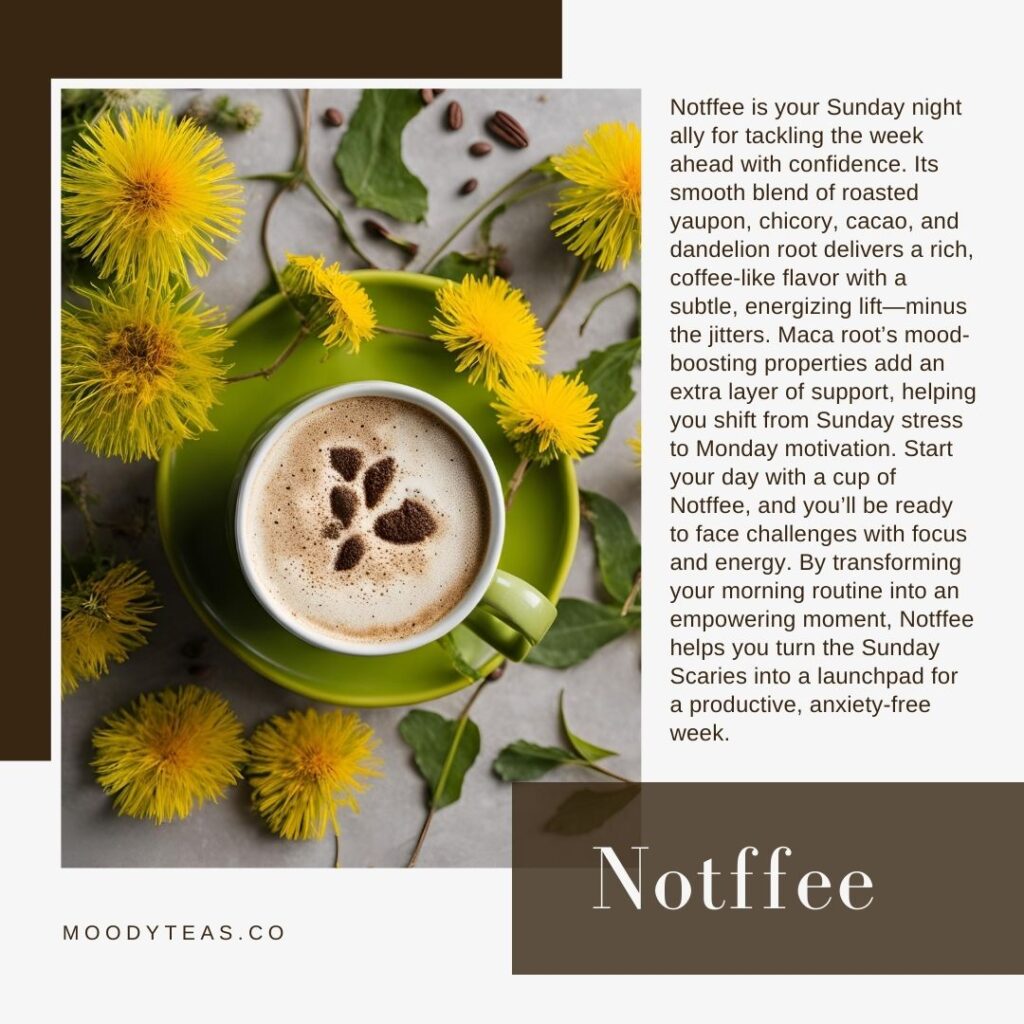 A frothy, latte-style Notffee tea in a green cup on a matching saucer, surrounded by fresh yellow dandelion flowers and leaves. The earthy and energizing vibe of the tea is complemented by its natural ingredients.