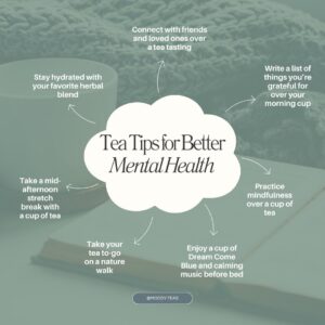 A calming graphic featuring a teacup in the background and a cloud-shaped text box in the center that reads "Tea Tips for Better Mental Health." Surrounding the text are tips such as "Stay hydrated with your favorite herbal blend," "Write a list of things you’re grateful for over your morning cup," and "Take your tea to-go on a nature walk."