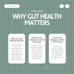 A graphic titled "3 Reasons Why Gut Health Matters" from @moody.teas. The background is a green grid pattern, and the text is presented in three white boxes: the first box says "Affects Your Mental Health" with an explanation about the gut-brain connection improving mood regulation and reducing stress; the second box says "Keeps Your Immune System Running" explaining that 70% of the immune system resides in the gut, aiding body defenses; the third box says "Gives You Energy to Keep You Going" explaining how a healthy gut absorbs nutrients to provide energy. Arrows and minimalist design elements connect the sections.