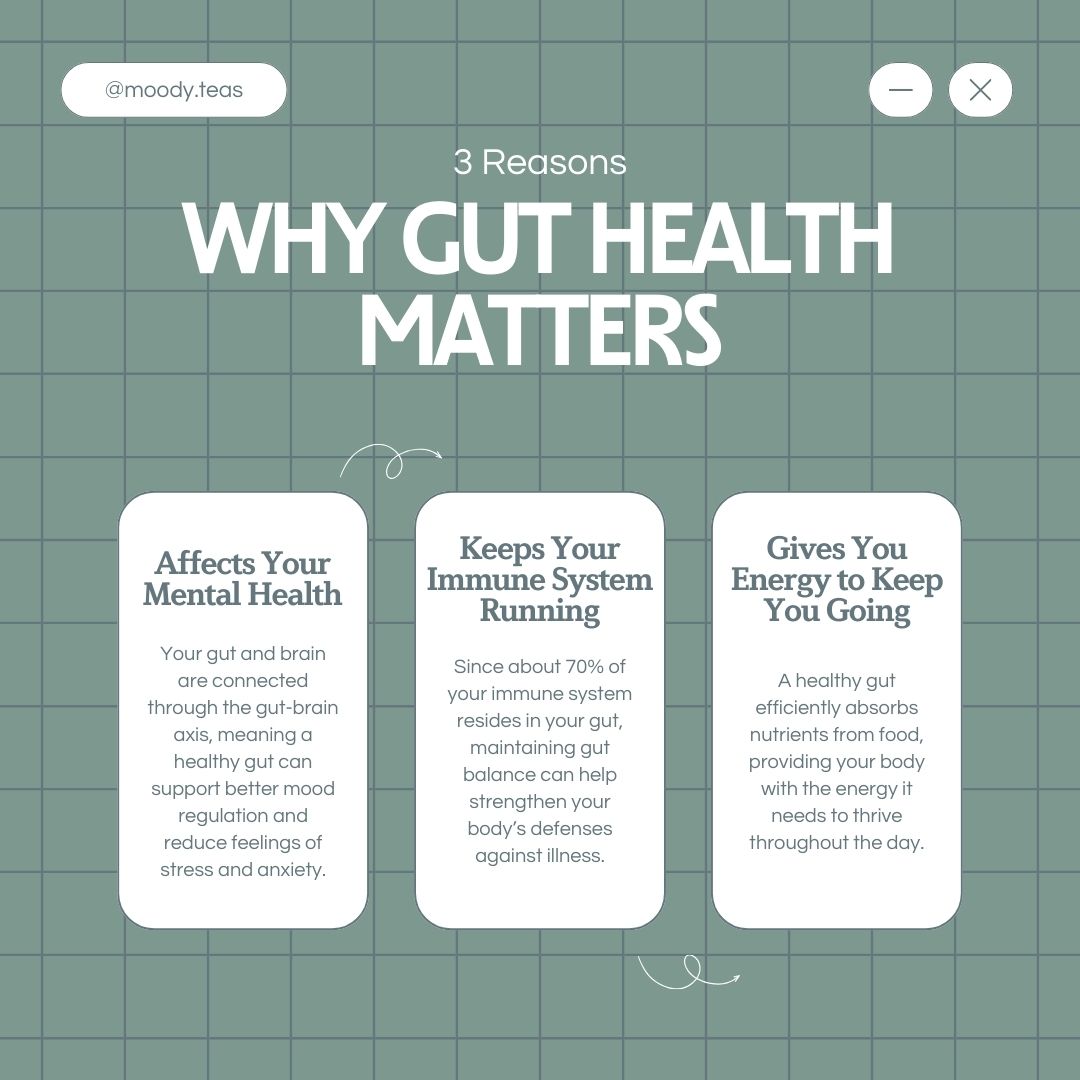 A graphic titled "3 Reasons Why Gut Health Matters" from @moody.teas. The background is a green grid pattern, and the text is presented in three white boxes: the first box says "Affects Your Mental Health" with an explanation about the gut-brain connection improving mood regulation and reducing stress; the second box says "Keeps Your Immune System Running" explaining that 70% of the immune system resides in the gut, aiding body defenses; the third box says "Gives You Energy to Keep You Going" explaining how a healthy gut absorbs nutrients to provide energy. Arrows and minimalist design elements connect the sections.