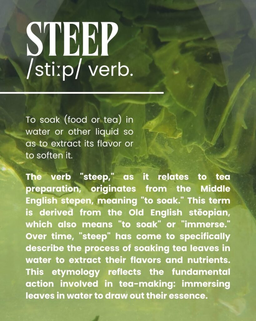 A graphic with a green background featuring a close-up image of tea leaves steeping in water. The bold white title reads "STEEP /stiːp/ verb." Below, a definition explains that steeping means to soak food or tea in liquid to extract flavor. A paragraph further details the word’s etymology, tracing its origins from Middle English and Old English terms meaning "to soak" or "immerse."