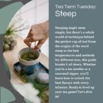 Graphic of person stirring loose leaf tea, with text explaining the meaning and importance of steeping.