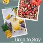 A digital graphic announcing the retirement of two Moody Teas blends. It features a textured green background with two overlapping Polaroid-style images: one showing a close-up of a vibrant loose-leaf tea blend with freeze-dried fruit and hibiscus, and another of a chamomile-infused lemonade with fresh lavender, chamomile flowers, and lemon wedges. A crying emoji, a hibiscus flower, and a pineapple sticker decorate the design. The text "Time to Say Goodbye" is displayed at the bottom.