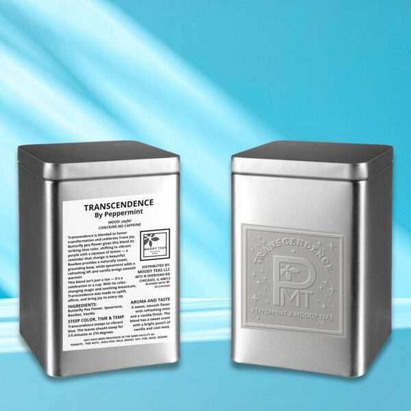 Two silver tins of Transcendence by Peppermint, a Moody Teas collaboration blend, displayed against a bright blue background. One tin shows the embossed Transcendence logo with stars, while the other displays the product label listing ingredients—rooibos, vanilla, butterfly pea flower, and spearmint—and describing the tea’s joyful, color-shifting nature.