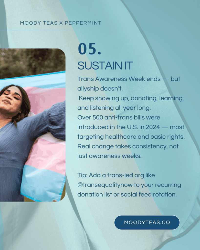 Text: “05. Sustain it.” Encourages year-round allyship and notes over 500 anti-trans bills introduced in 2024. Tip suggests recurring donations to @transequalitynow. Image continues showing the person from the previous slide holding a trans flag in a peaceful outdoor setting.