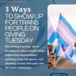 A graphic titled “3 Ways to Show Up for Trans People on Giving Tuesday.” The background is a soft blue fabric texture. On the right is a close-up photo of someone holding a waving transgender pride flag. Text on the left explains that Giving Tuesday is a time to support organizations, uplift trans-led spaces, and take actions that pour into the trans community. A small “Swipe” button appears at the bottom.