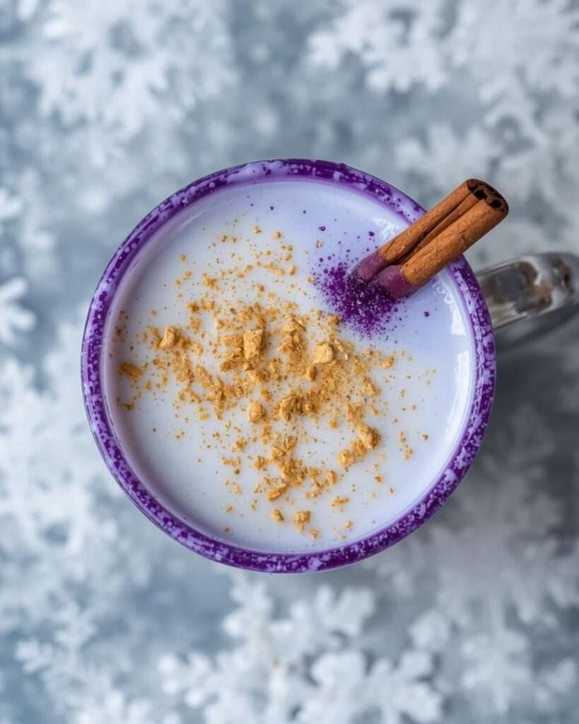 A mug of coquito with a light purple rim and a lavender color shift at the edge of the drink, topped with cinnamon. The mug sits on a snowy, winter-themed background, evoking a frosty holiday atmosphere.