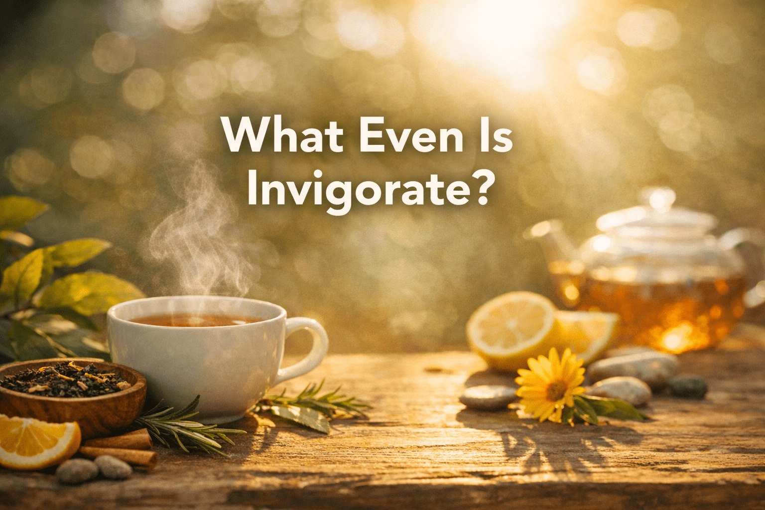 Warm, sunlit tea scene with a steaming white cup of tea on a rustic wooden table, surrounded by loose tea leaves, rosemary sprigs, sliced lemon, and a small yellow flower. Soft golden light and blurred greenery fill the background, with the text “What Even Is Invigorate?” centered above the tea.