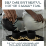 Two Black individuals sit on the floor sharing tea. One person pours tea from a black teapot into small black cups on a tray, symbolizing shared ritual and community care.