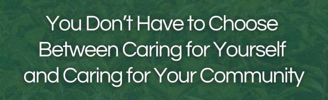 Header image with green leafy background and text reading “You Don’t Have to Choose Between Caring for Yourself and Caring for Your Community,” part of Moody Teas’ Tea for Good community wellness initiative.