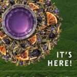 Overhead image of a purple herbal tea in a glass cup surrounded by loose leaf tea ingredients including dried citrus slices, blueberries, and herbs, with text reading “Tea For Good Is Live.”