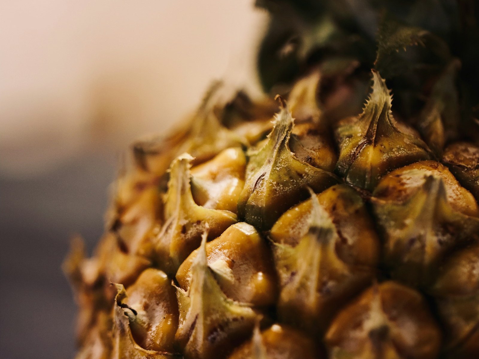 Close-up of pineapple skin texture with the stem and crown visible in the background